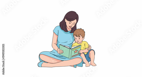 Mother reading a storybook to her young son, fostering imagination and bonding time, isolated on white.