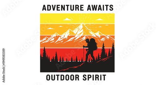Adventure Awaits Graphic with Hiker Mountains Sunset and Trees