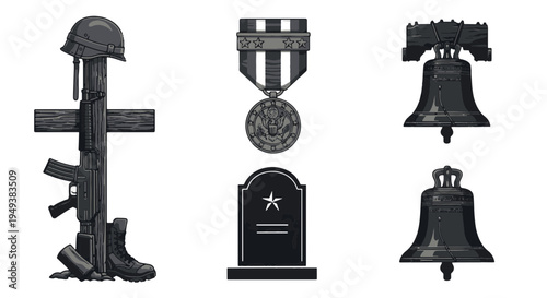 Memorial Tribute Cross with Helmet Gun and Boots Liberty Bells Tombstone