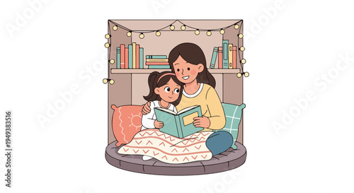 Mother and daughter reading a book together in a cozy fort decorated with fairy lights, sharing a moment of joy and imagination.