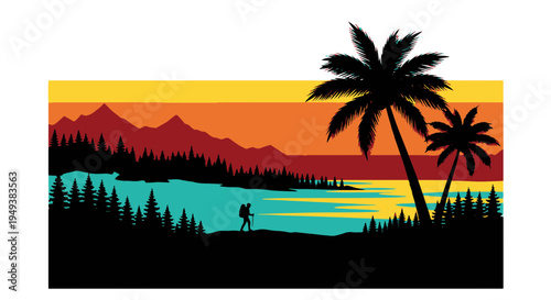 Silhouette Hiker with Backpack and Trekking Pole on a Hill Overlooking a Colorful Landscape