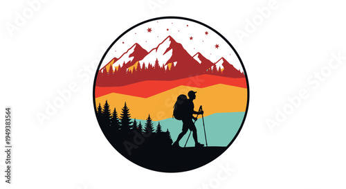 Silhouette Hiker with Backpack and Poles on Mountain Ridge at Sunset with Stars