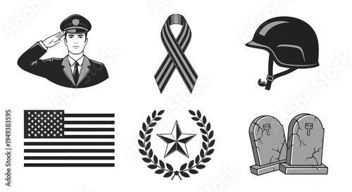 Veteran Memorial and Military Icons Collection and Salute and American Flag