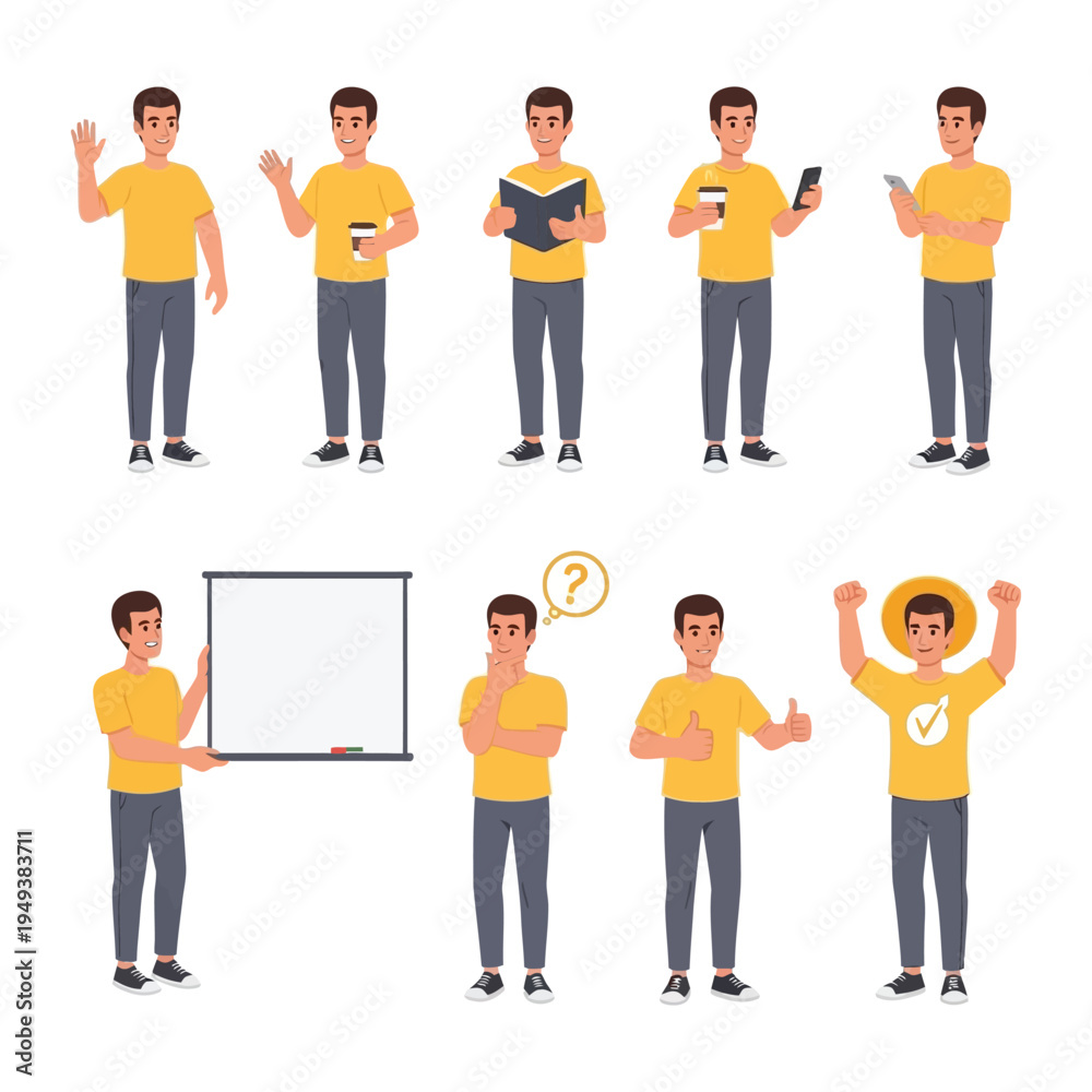 Obraz premium Character in Multiple Poses: A character illustration in various poses, from casual greetings to engaged contemplation, the versatile depiction portrays a wide range of actions.