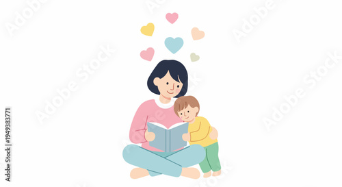 Mother reading a book to her child, surrounded by colorful hearts, symbolizing love and bonding, illustration