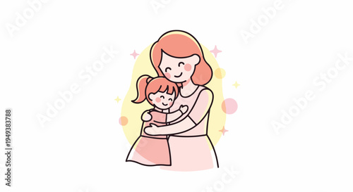 Cute cartoon mother hugging her daughter, happy family moment, love and care, simple illustration, bright colors, isolated on white background
