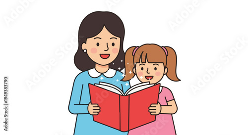 Mother and daughter reading a book together, illustration of family bonding and education, learning and fun