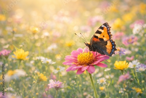 Close Up Butterfly on Pink Wildflower in Bright Summer Meadow