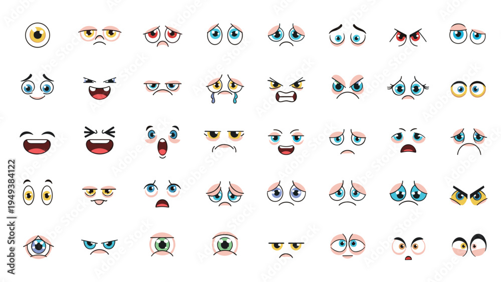 Fototapeta premium Large collection of cartoon eyes showing a wide range of emotions like happiness, sadness, anger, surprise, and sleepy expressions.