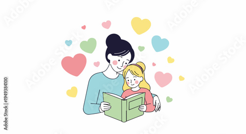Mother and daughter reading a book together, surrounded by colorful hearts, representing love and family bond