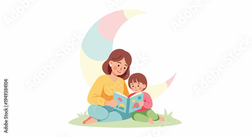 Mother reading a book to her child under a pastel moon, symbolizing bedtime stories and bonding time.