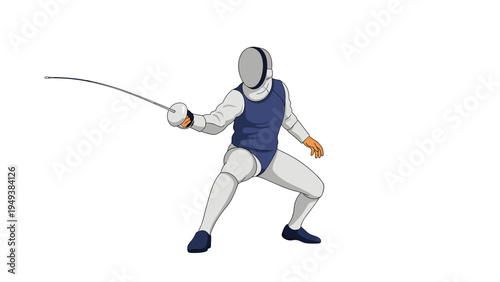Professional fencer in a white protective suit and blue vest performing a dynamic lunge with a foil on a clean white background.