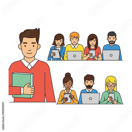 Digital learning group: A group of students focused on digital devices in the class while their instructor stands proudly. A modern view on education and technology.