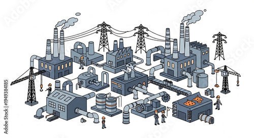 Industrial factory complex with smokestacks and power lines.