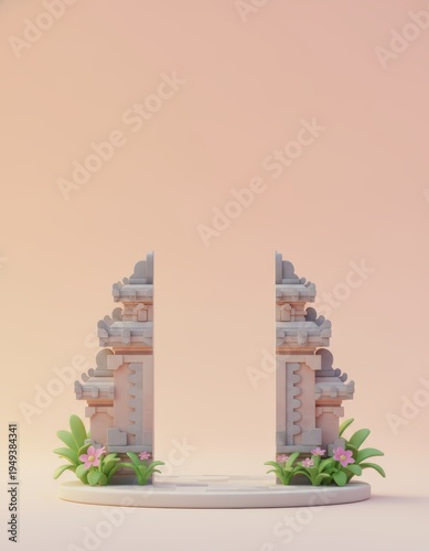Traditional Balinese Gateway Candi Bentar 3D Rendering with Floral Accents