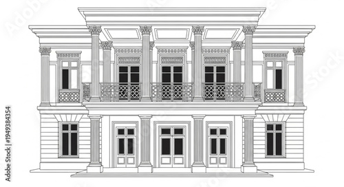 Detailed Architectural Drawing of a Grand Two-Story Building Facade.