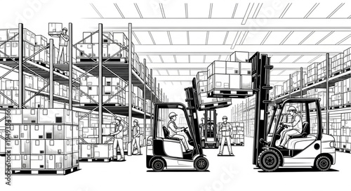 Forklifts Operating in a Warehouse with Shelves and Workers.