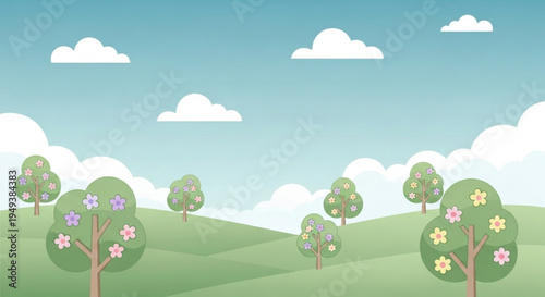 Serene landscape with rolling green hills trees flowers and fluffy clouds on transparent background