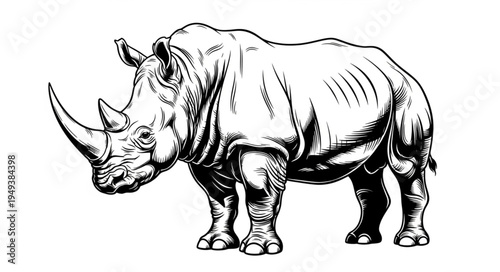 Detailed Black and White Illustration of a Powerful Rhinoceros.