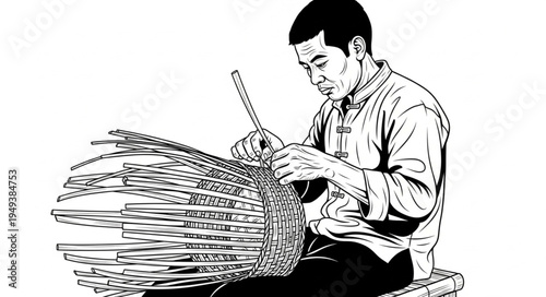 Artisan Weaving Basket with Traditional Tools in Detailed Illustration.