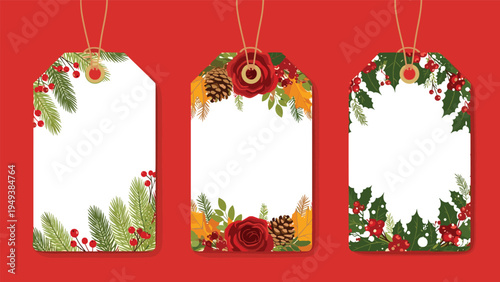 Set of three festive Christmas gift tags decorated with pine branches, red roses, holly berries, and pinecones on a red background.