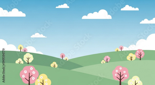 Serene landscape with rolling green hills colorful trees and fluffy clouds on transparent background