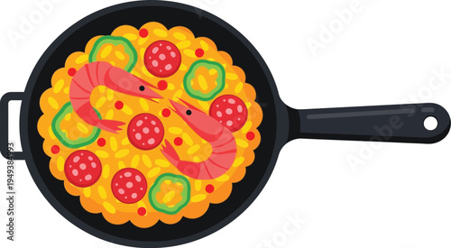 Spanish paella dish served in a frying pan with rice, shrimp, sausage, and green peppers ingredients. 