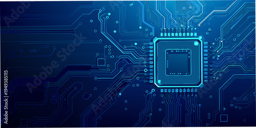 Abstract blue circuit board with a central processor and glowing lines