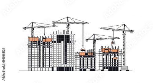 Construction site with multiple cranes and unfinished buildings.