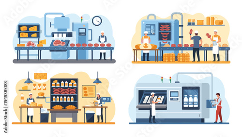 Illustrations of meat and dairy products being processed and packaged in a modern food factory with various machines and workers.
