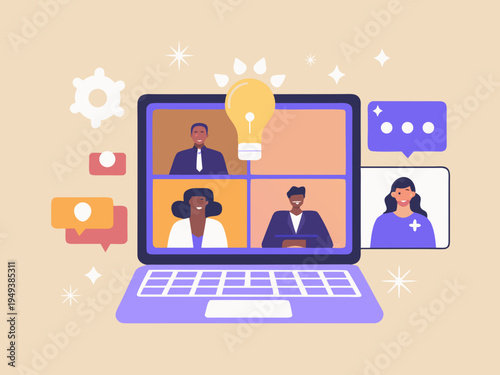 Diverse team collaborating in a virtual meeting on a laptop