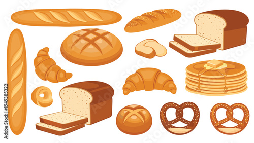 Assortment of fresh bakery products including baguettes, croissants, pretzels, sliced bread, and a stack of pancakes.