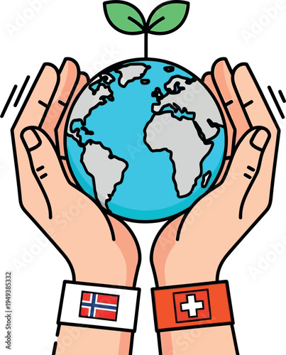 Caring hands cradle Earth with green sprout symbolizing global care and unity