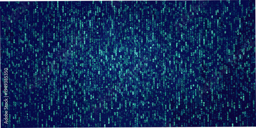 Abstract digital rain of green code cascading down a dark blue background