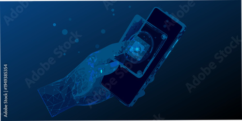 A robotic hand interacts with a smartphone displaying a glowing cube