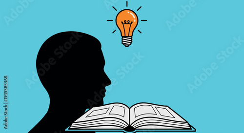 Man reading book with bright idea lightbulb above