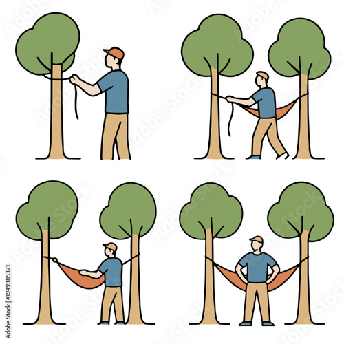Man hanging hammock between trees in illustrated step-by-step guide  