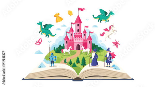 Open magical pop-up book revealing a fantasy world with a pink castle, dragons, unicorns, wizards, and a knight.