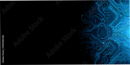 Abstract digital circuit board pattern with glowing blue lines on black