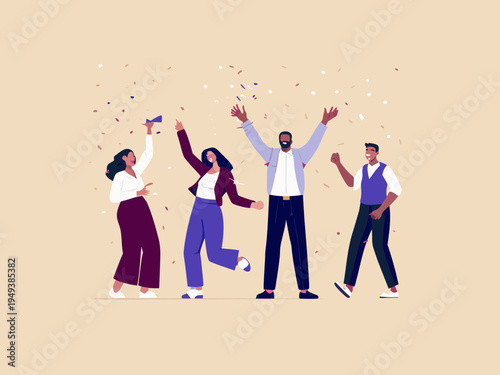 Celebratory team of diverse professionals rejoicing with confetti falling