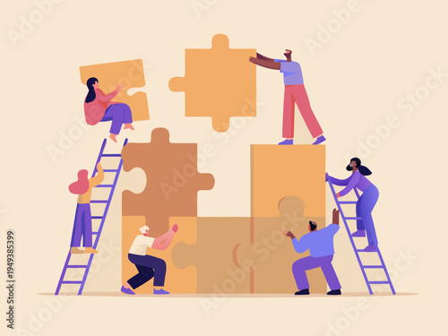 Diverse team collaborating to connect puzzle pieces symbolizing unity and problem solving