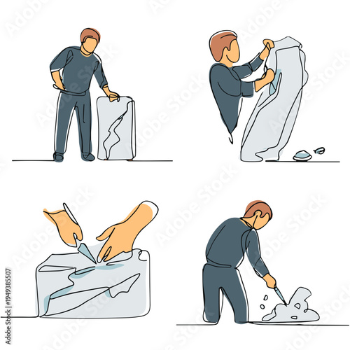 Man sculpting marble with chisel in creative workshop setting  