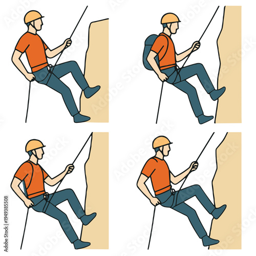 Man rappelling down cliff with gear in orange shirt and helmet  