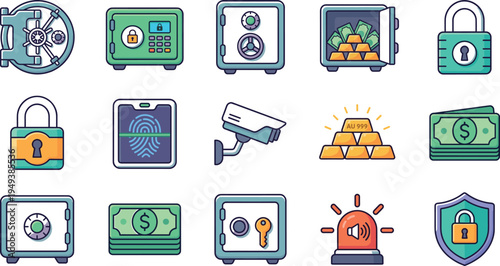 Bank vault security and financial protection line icon set featuring safe deposit box, gold bars, money cash, surveillance camera and digital lock vector icons