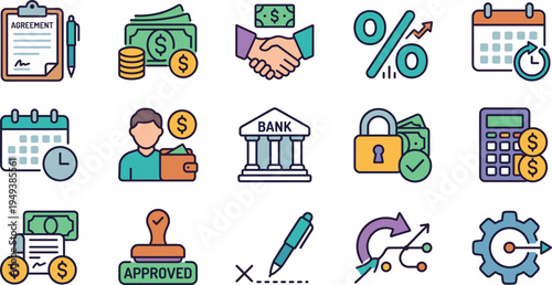Banking and financial services vector icon set with agreement contract money loan approval bank security calculator and business transaction symbols