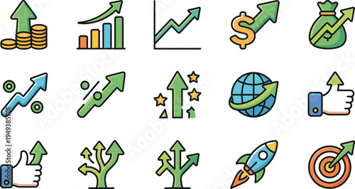 Business growth and financial success line icon set featuring profit increase, investment progress, startup launch, global expansion and marketing performance vector icons