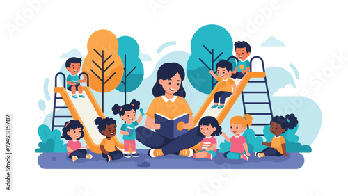 Happy teacher sitting on the ground reading a book to a group of diverse children at an outdoor playground with slides.