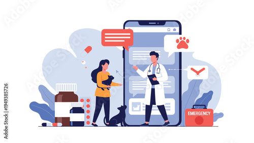 Woman using a mobile phone app for an online veterinary consultation with a professional doctor for her pet.