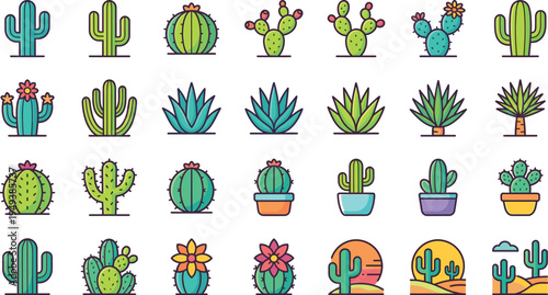 Cactus and succulent plant vector icon set with desert cactus potted succulents prickly pear agave and botanical illustration collection
