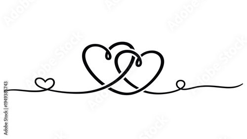 Minimalist black line art illustration of two intertwined hearts on a continuous horizontal line over a white background.